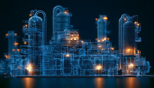 Digital twin of the industrial refinery complex. A blue wireframe blueprint shows the complex machinery with orange glowing lights. Futuristic factory model for the tech industry.