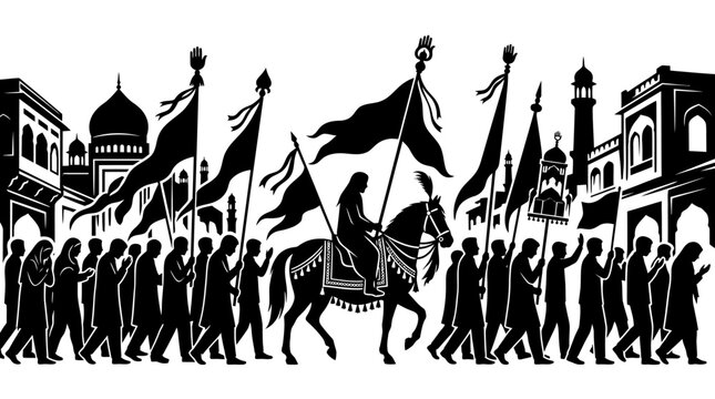 People marching in a procession with a horse and flags in a city