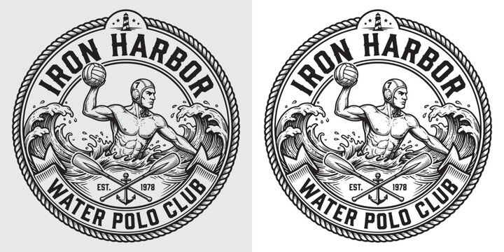 Detailed Engraved Emblem of Iron Harbor Water Polo Club with Athlete and Waves