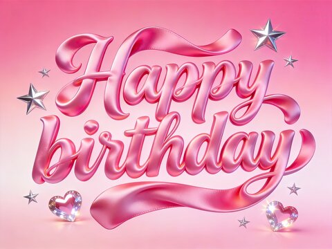 Pink Metallic 3D Happy Birthday Text Render, Decorated With Hearts Diamonds Stars Ribbon, Gradient Pink Background For Birthday Card, Party Poster, Social Media Graphic Template