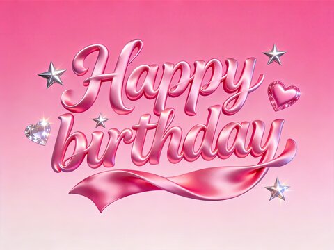 Pink Metallic 3D Happy Birthday Text Render, Decorated With Hearts Diamonds Stars Ribbon, Gradient Pink Background For Birthday Card, Party Poster, Social Media Graphic Template