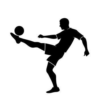 Black Vector Silhouette of Soccer Player Kicking Ball Isolated on White Background