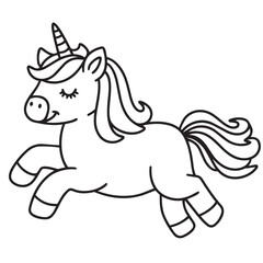 Fototapeta premium Cute running unicorn vector illustration. Hand drawn happy fantasy magic pony animal doodle, fairy tale coloring page element