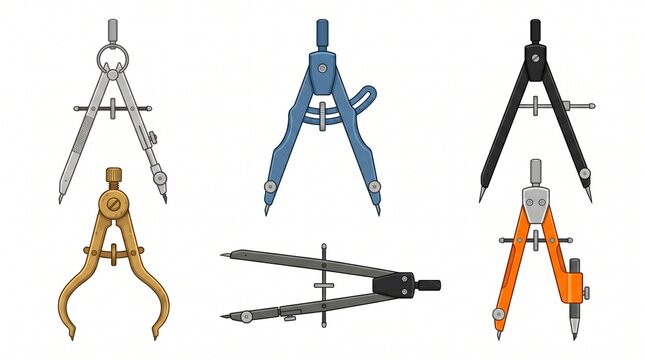 Six drafting compasses in varied styles and colors, symbolizing geometry, engineering, and technical drawing tools for precision design.