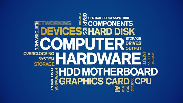 Computer Hardware animated word cloud-text design animation tag kinetic typography seamless loop.