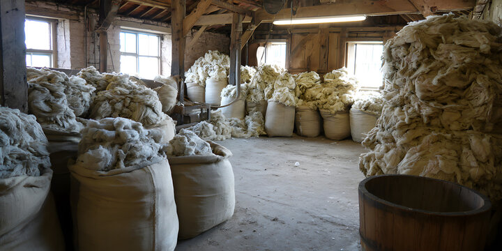 A rural workshop setting displays sacks filled with recently sheared sheep's fleece awaiting cleaning