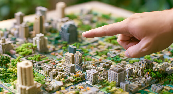 A hand pointing towards a small city model. An architect is envisioning a sustainable neighborhood with compact structures and trees. This concept is aimed at real estate development and urban plannin