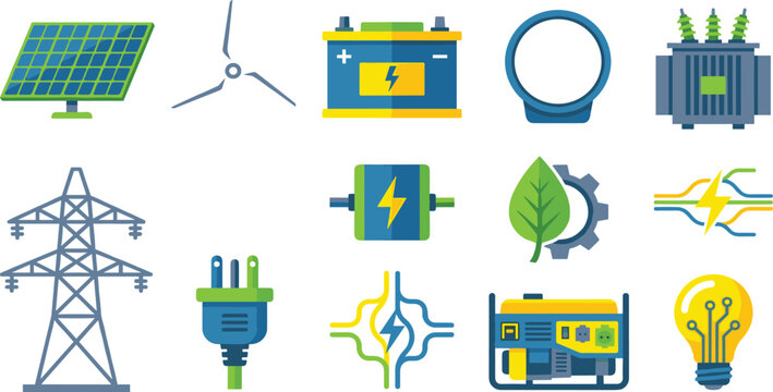 Renewable energy and green electricity power icon set vector flat design elements