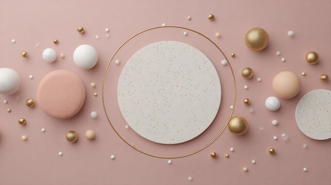 Minimalist composition featuring textured circles and scattered spheres on a dusty rose background