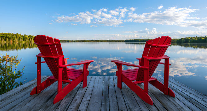 Two red Adirondack chairs set beside a wooden dock by a tranquil lake mirror a sunny sky