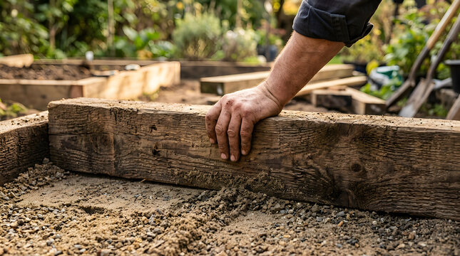 building raised garden beds with sleepers | diy landscaping project in backyard | installing wooden timber borders | manual labor for home improvement