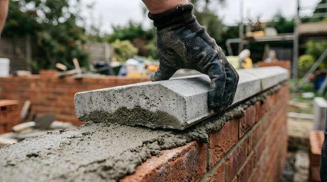 professional bricklayer installing concrete coping stones | close up of gloved hand laying masonry wall capping | construction worker applying mortar to garden wall bricks | masonry finishing