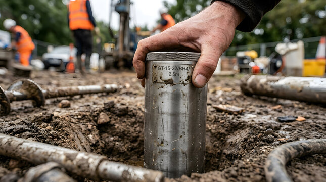 Geotechnical soil sampling process|Professional soil core extraction|Construction site ground investigation|Environmental soil testing analysis