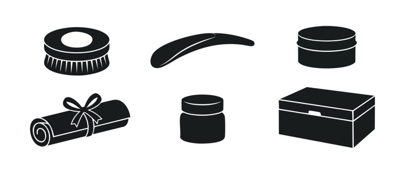 Spa beauty cosmetics icon set featuring black silhouette symbols of massage brush, gua sha, rolled towel, cream jars, and storage box for wellness center branding and website design, clean graphic.
