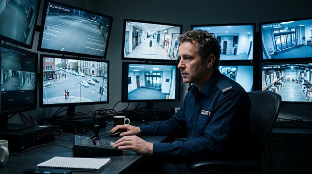 Security guard intently watching CCTV screens in a surveillance room