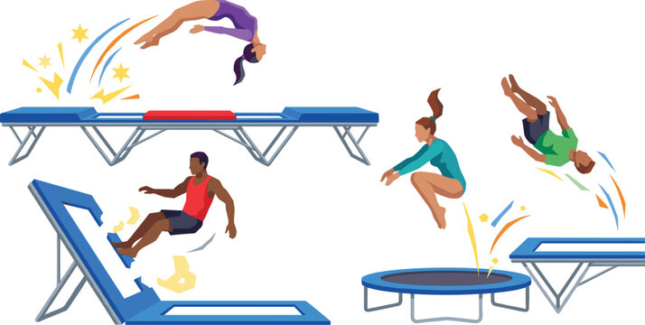 Trampoline gymnastics vector illustration with diverse athletes performing acrobatic flips jumps and training routines