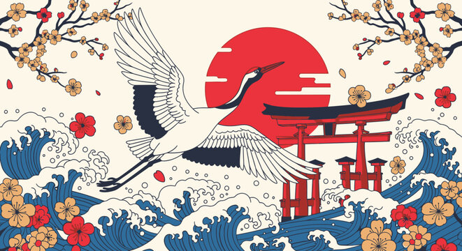 Japanese crane flying over sea waves with torii gate
