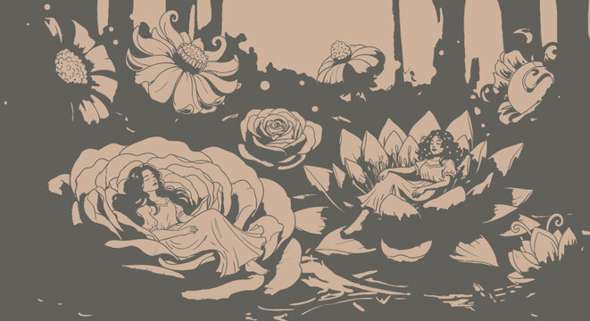 Little fairies resting in giant flower petals whimsical illustration