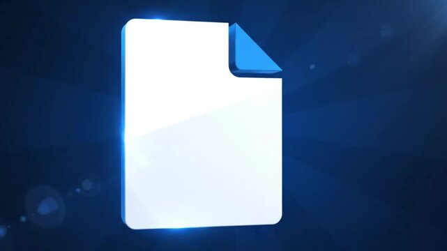 Abstract digital background animation showing a high tech network forming a 3D document or paper file icon out of blue and white geometric particles with lens flare effects on a dark blue background.