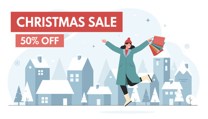 Obraz premium Happy woman with shopping bags jumping for joy in a snowy winter village with a Christmas sale fifty percent off banner in the sky.