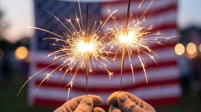 Hands in gloves holding burning sparklers during outdoor celebration with blurred American flag in background for Independence Day or patriotic holiday social media content
