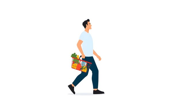 Man Carrying Grocery Basket Full of Products Supermarket Shopping Concept Isolated Vector Illustration