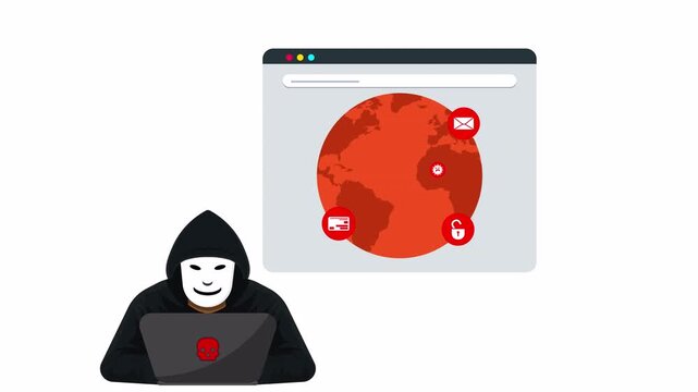 4K animation of anonymous hacker using laptop to spread global malware, virus attack, and email fraud through unsafe network for cybercrime breach, data theft risk and dangerous digital threat.