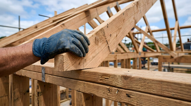 Worker installing wooden roof rafters | Close up of construction gloved hand | New home timber frame assembly | Professional residential roofing construction
