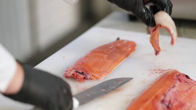 The cook cuts fillets of red fish with a knife. Very soft focus