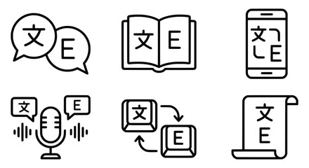 Language translation outline icon set. speech bubbles, book, smartphone, microphone voice, keyboard buttons, document, chinese and english letters. for language app UI. line vector art. © ARTIST LAB