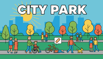 Fototapeta premium Lively city park scene with diverse people walking and a person in a wheelchair and a cyclist getting help after a fall.