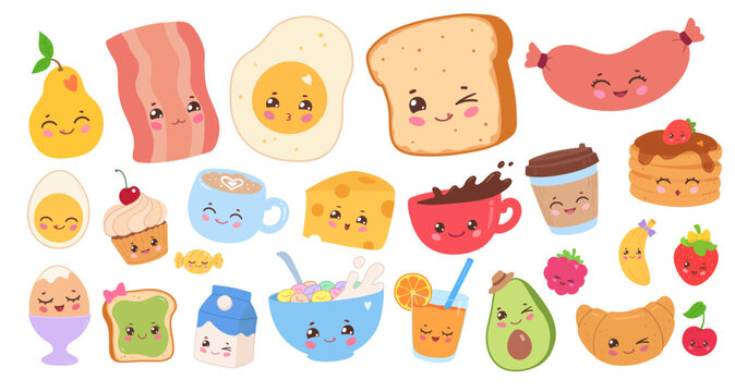 Vector illustration of cute breakfast food set. Isolated kawaii morning meal, drinks, eggs, toast and bacon.