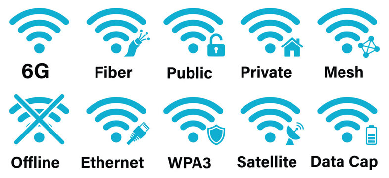 Blue wifi internet connection icon set. radio waves, fiber cable, offline lock, mesh satellite, wpa3 shield. for mobile telecommunication UI, computer network dashboard. solid vector art.