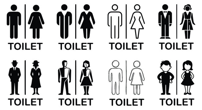 Stylized toilet sign silhouette set. dressed male and female figures, business suit, hat, dress, black dividing line. for luxury hotel restrooms, fancy restaurant doors. flat vector art.