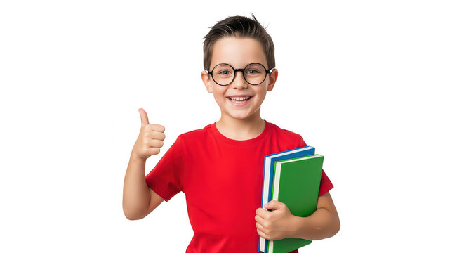 Happy school boy with glasses showing thumbs up holding books isolated on transparent background