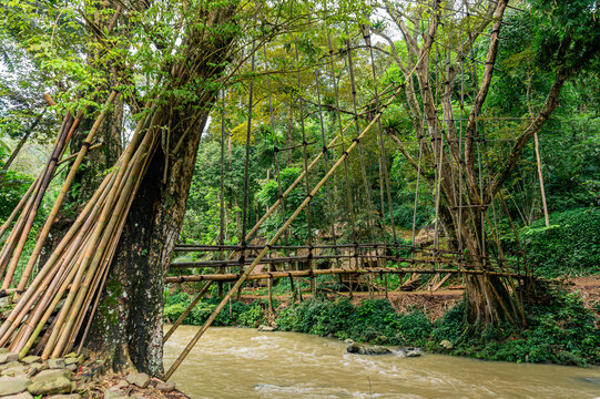 Traditional bamboo bridge connecting the rural settlement with rice storage barns in Baduy Luar Village, Banten, Indonesia