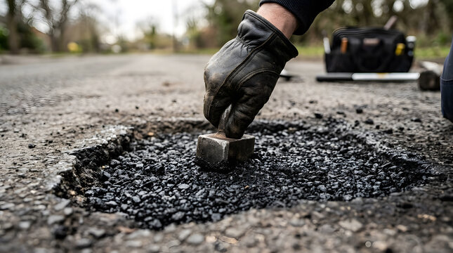 repairing a pothole with fresh asphalt | worker in leather gloves fixing road damage | manual tarmac patch repair process | construction worker tamping down road filler