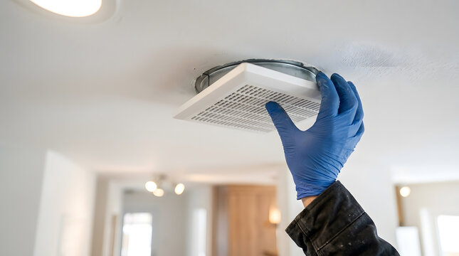 bathroom exhaust fan installation | hand in blue glove installing ceiling vent cover | residential HVAC maintenance and repair services | home improvement ventilation system upgrade