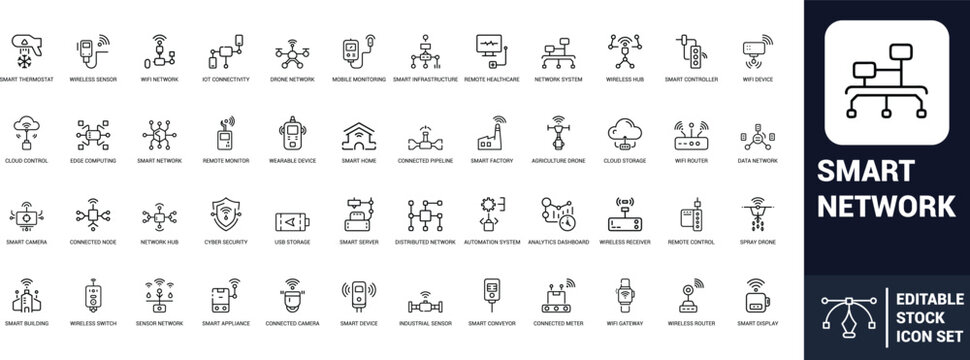 Smart network line art icons set smart thermostat, wifi network, iot connectivity, drone network, smart home, cloud control, smart factory Web icon App icon Outline icon Editable stroke line art Vecto