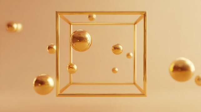 Glimmering golden spheres float around a metallic cubic frame in a warm environment