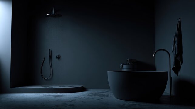 Modern minimalist bathroom interior features dark tones and contemporary plumbing fixtures
