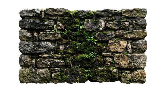 Ancient stone wall with green moss isolated on white, weathered rock masonry texture, rustic garden retaining wall for architectural design