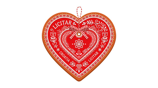 Traditional Croatian Licitars Heart Shaped Cookie Decoration with Intricate Red and White Patterns.