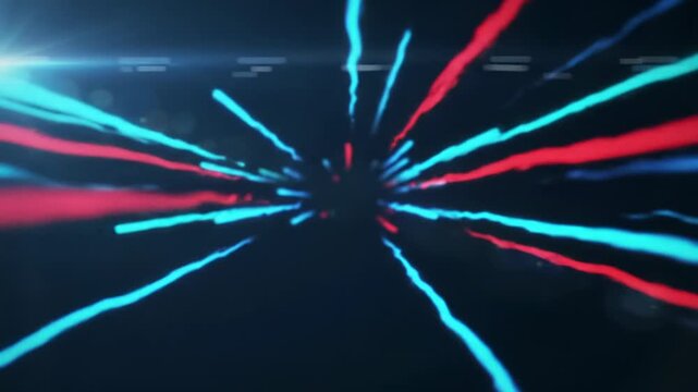 Luminous electric blue, turquoise, crimson futuristic light streaks burst across an infinite void with intense lens flares. Concept of high-speed digital data transfer
