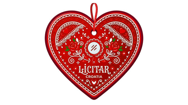 Traditional Croatian Licitars Heart Ornament with Mirror and Red Roses.