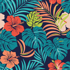 Vibrant summer botanical background featuring bright orange hibiscus flowers, palm fronds, and monstera foliage on a navy blue vector surface. © deepika