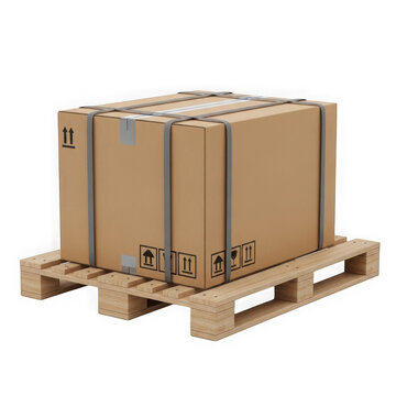 Large cardboard boxes secured with straps on wooden pallet ready for shipping transparent background
