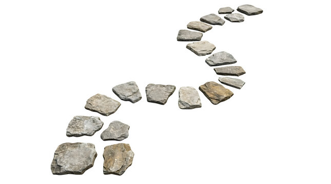 Natural stone stepping path on white background, winding rock walkway for garden design, gray flagstone trail representing progress and journey