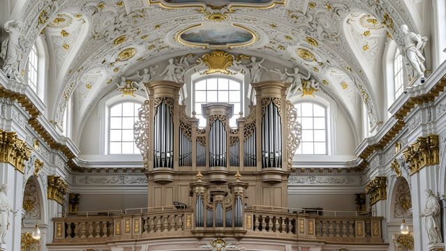 The stunning Baroque-style church interior showcases an ornate pipe organ at St. Stephen's Cathedral in Vienna with vaulted ceiling and intricate details.