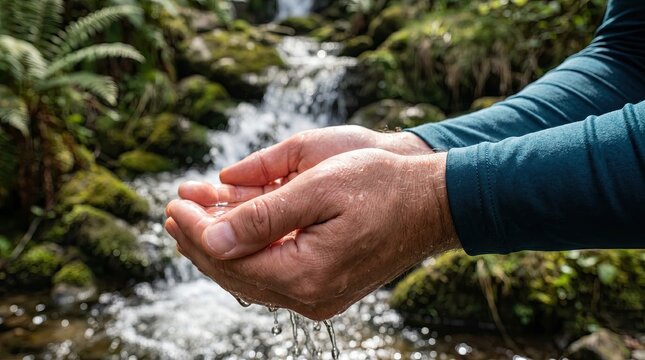 Cupped hands drinking fresh clear water from mountain stream waterfall in lush green forest setting.